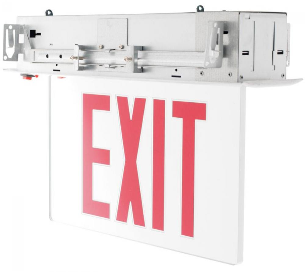 RECESSED EXIT LIGHTING, DOUBLE FACE, GREEN LETTERS, MIRROR PANEL WHITE, HOUSING 120/277Vac.