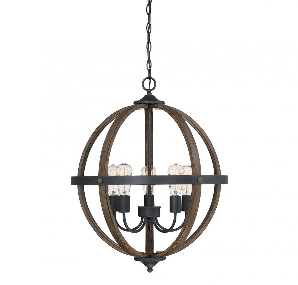 5-Light Pendant in Wood with Black